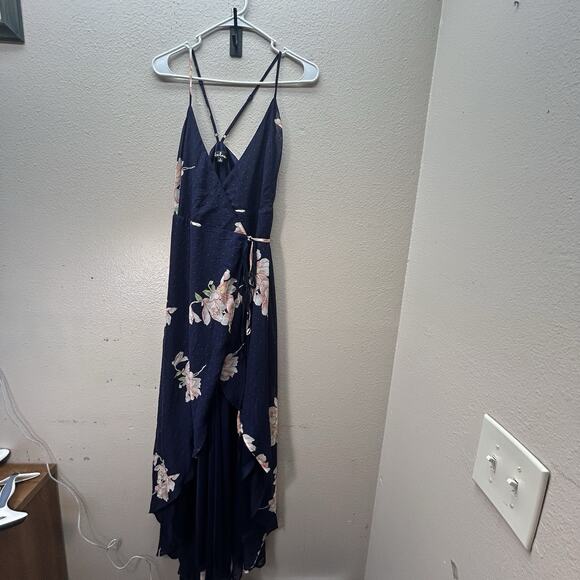 LULU'S Loiselle Navy Blue Floral Print Polka Dot Wrap Maxi Dress SZ S formal - Picture 2 of 11